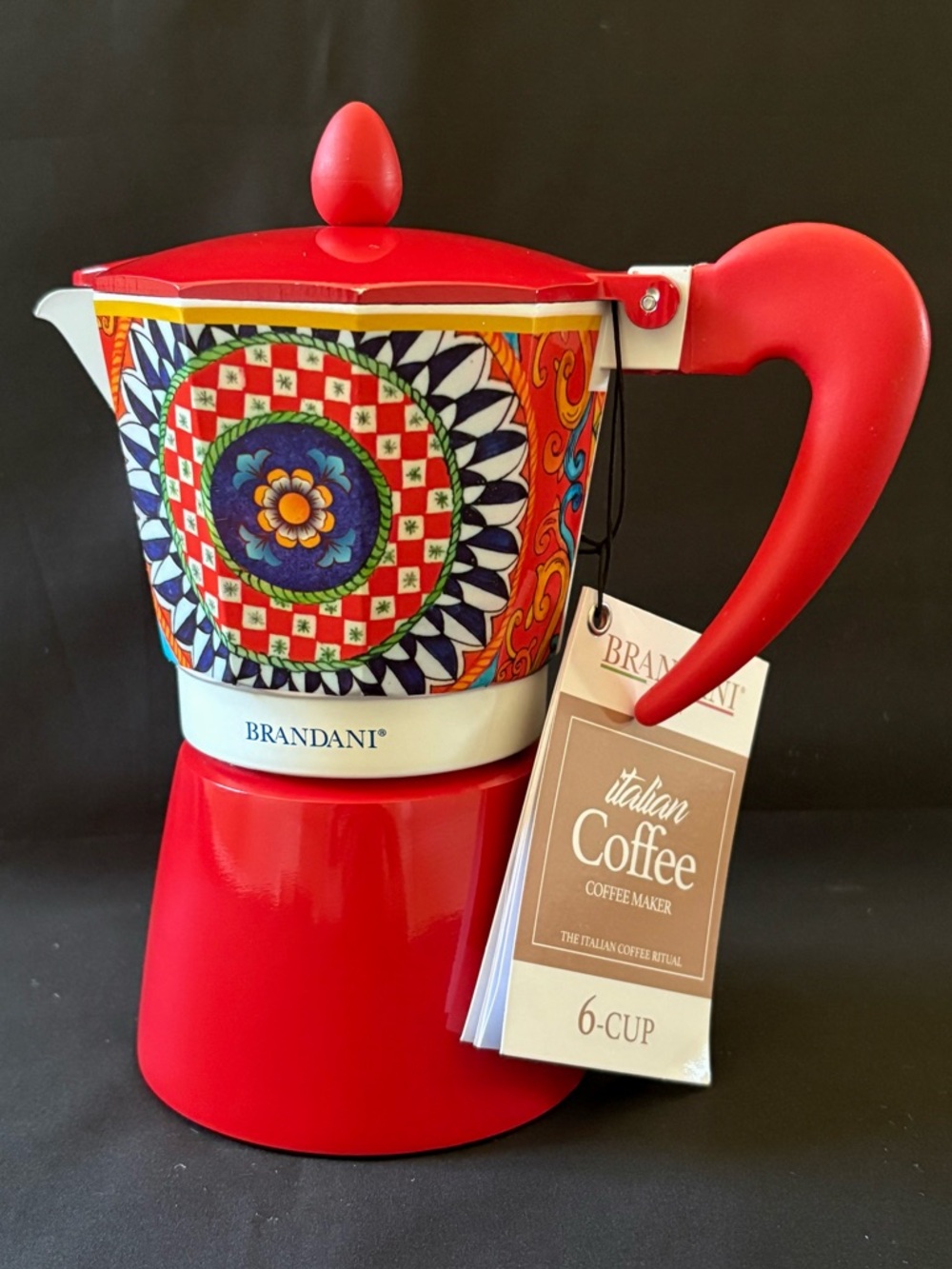 Brandani Italy Moka 6 Cup Stovetop Espresso Coffee Maker Red Sicilian Majolica